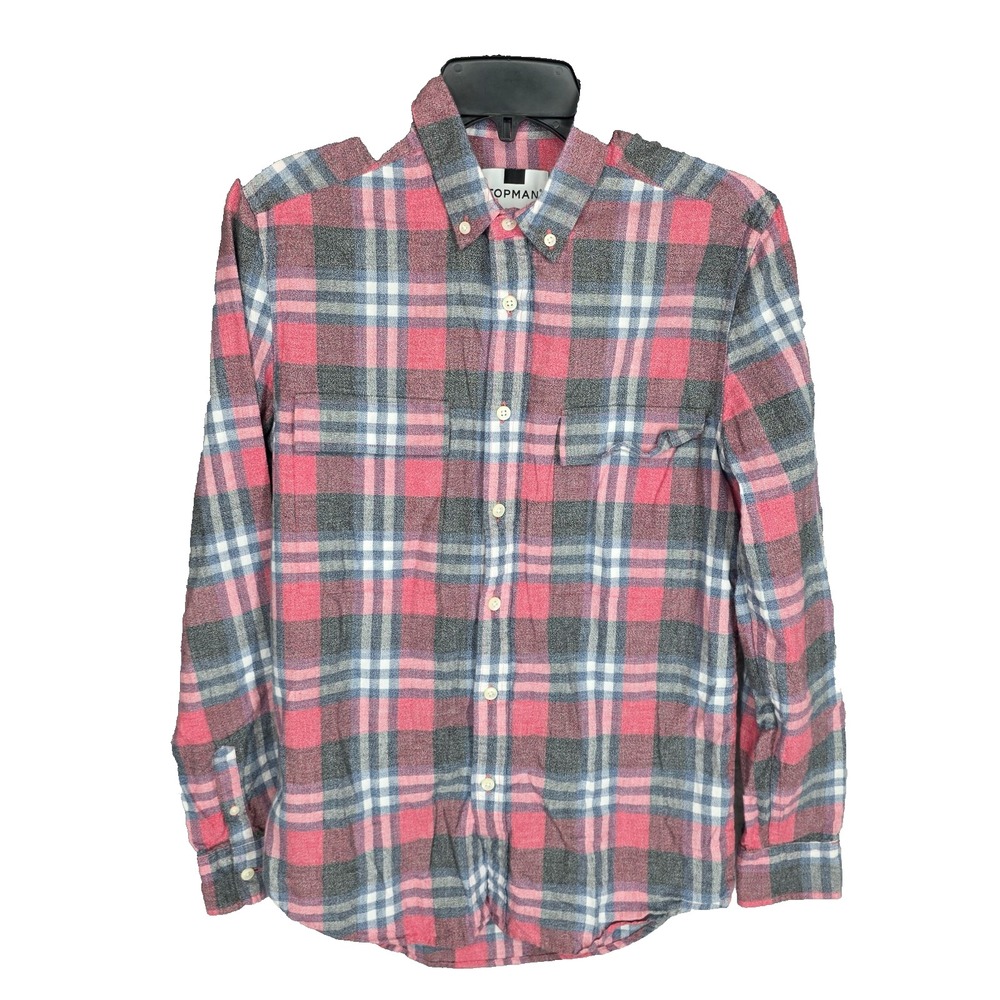 Topman Flannel Shirt Mens XS‎ Red Blue Plaid Pocket Button Up Long Sleeve Preppy